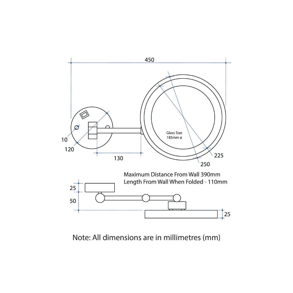 5x Magnification Chrome Wall Mounted Shaving Makeup Mirror, 250mm Diameter with Exposed Wiring - L255CSME
