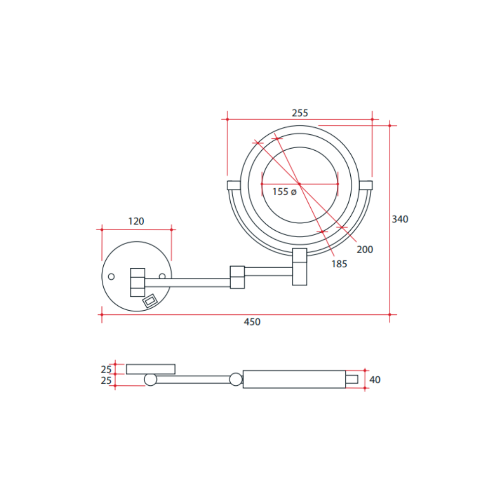 5x Magnification Chrome Wall Mounted Shaving Makeup Mirror, 200mm Diameter with Concealed Wiring - L155CSMC