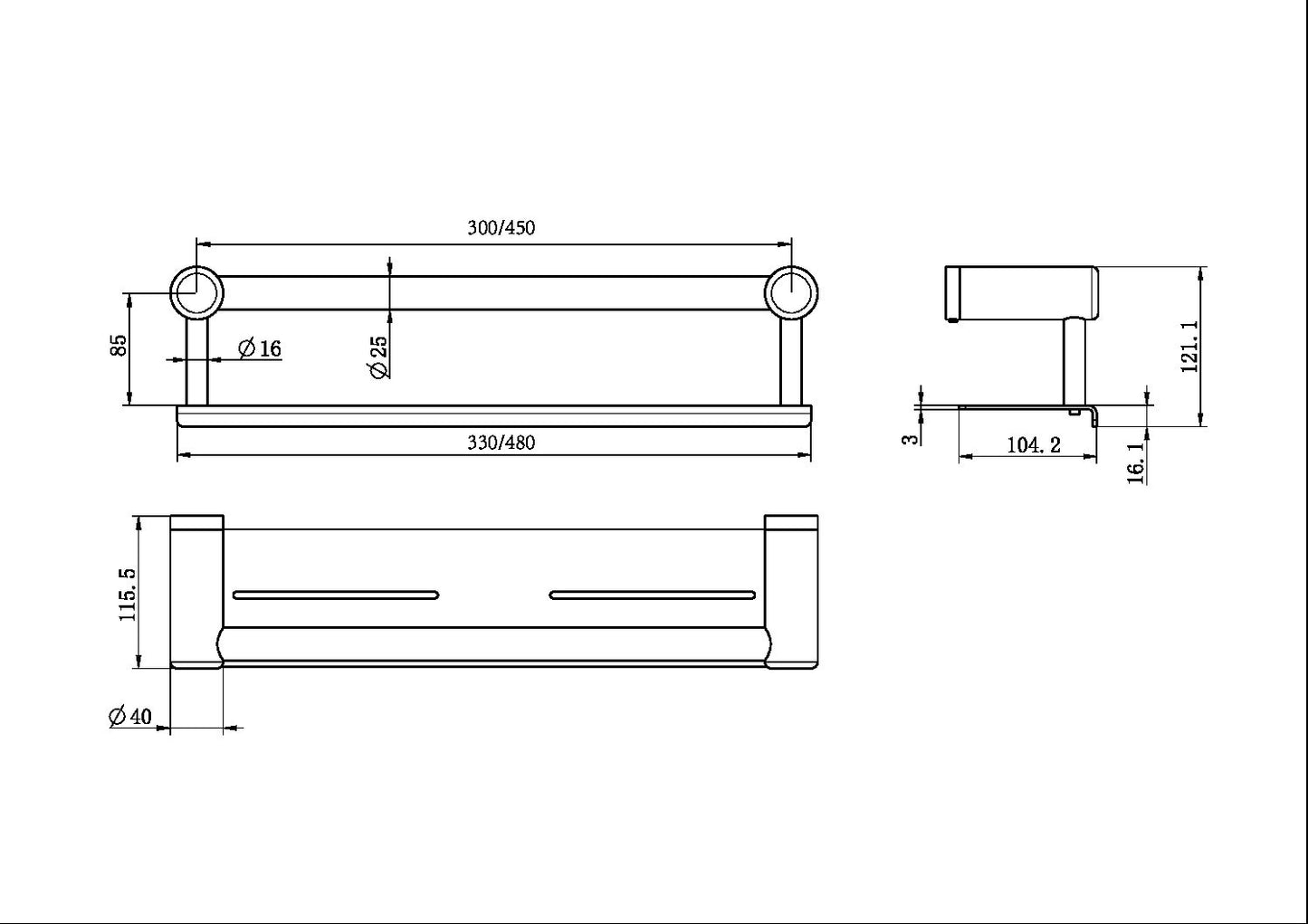 Calibre Mecca 25mm Grab Rail With Shelf 300mm Chrome - NRCR2512CCH
