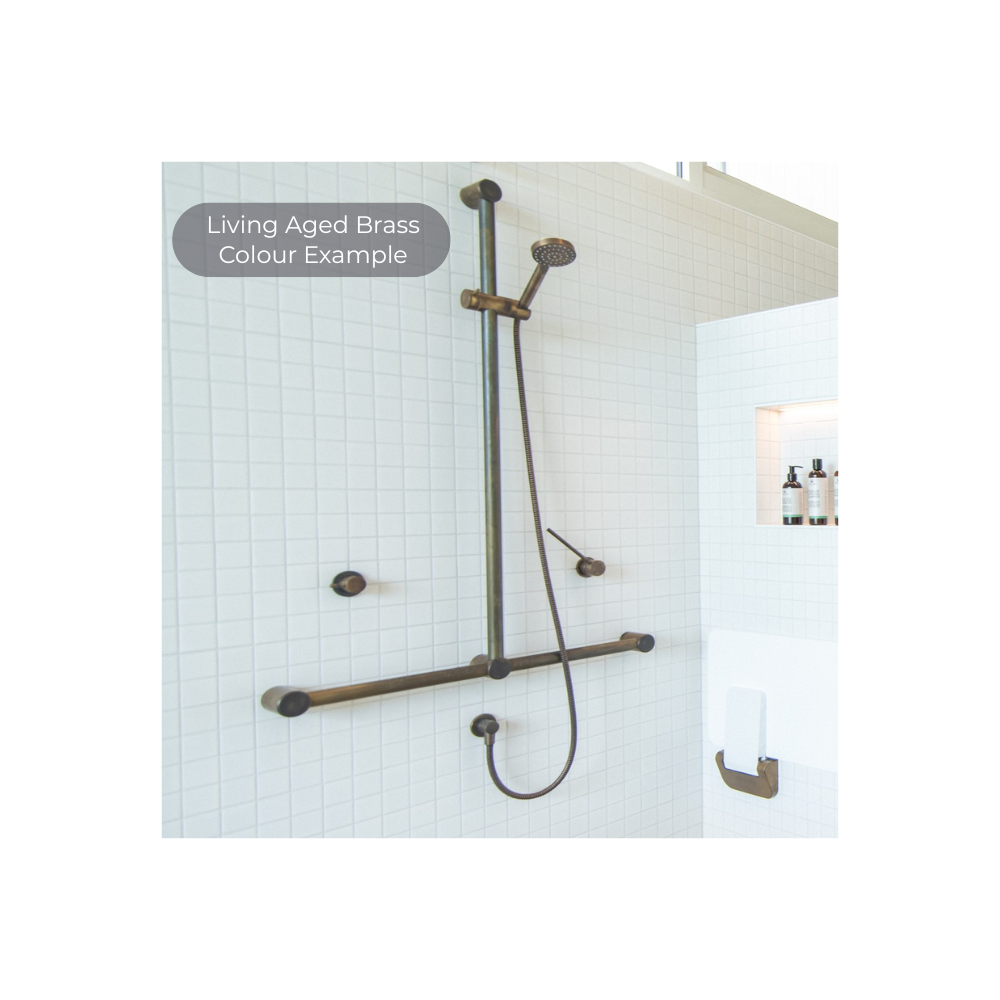 Calibre Terra 32mm DDA Accessible T Bar Grab Rail 1100x750mm & Adjustable Slider Only Organic Brass Aged Medium Living (Made to Order) - R01117TAB