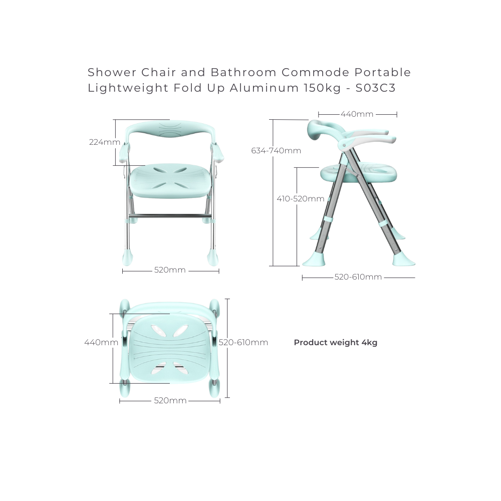 Shower Chair and Bathroom Commode Portable Lightweight Fold Up Aluminum 150kg Grey (In stock Mid October) - S03C3G