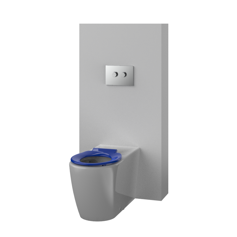 Toilet Suite DDA 800mm Care Raised Height Floor Pan, In Wall Cistern Height Blue Seat, Flush Button Panel Chrome