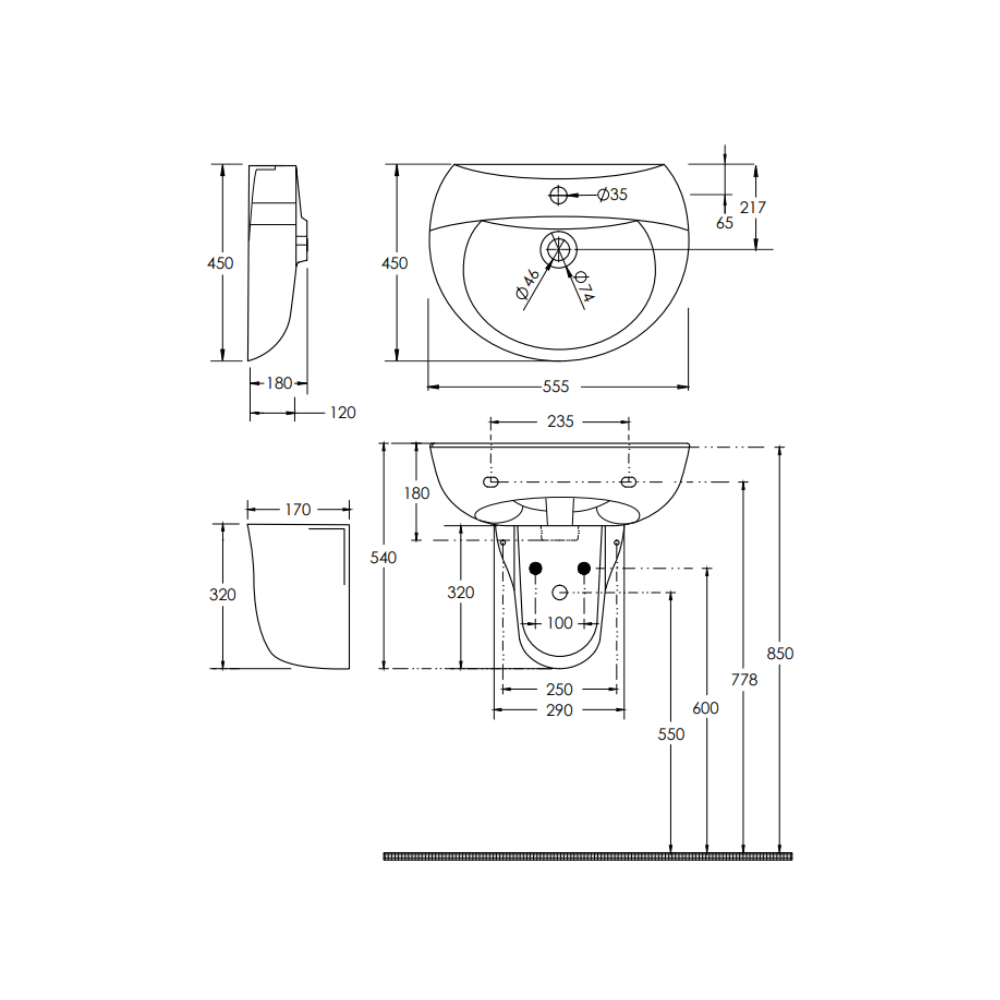 Washbasin DDA AS1428.1 Accessible 555mm Wall Mount SDA Ceramic White - HDL11B