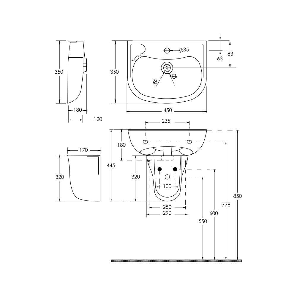 Washbasin DDA AS1428.1 Accessible 450mm Wall Mount Ceramic White - ECE3019W