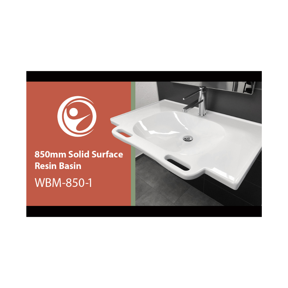 Washbasin DDA AS1428.1 Accessible Solid Surface Resin with Front Handles 850mm Gloss White - WBM-850-1W