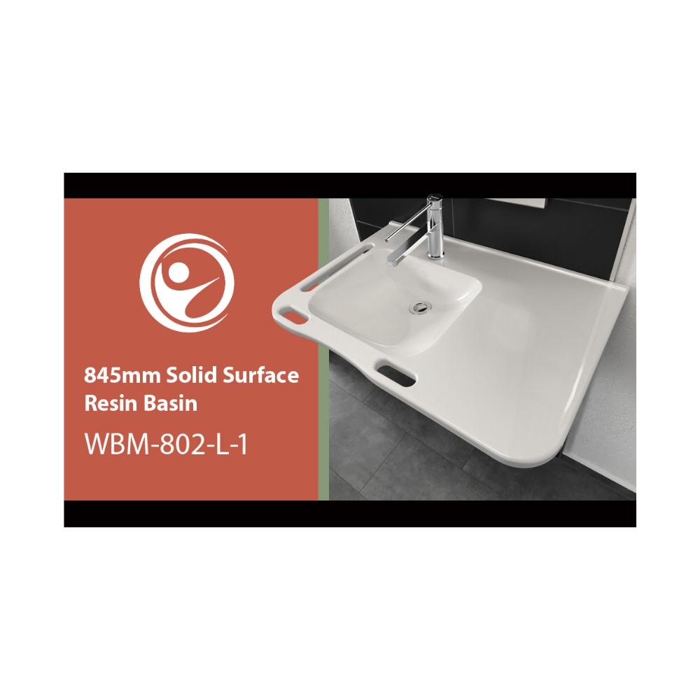 Washbasin Sink DDA AS1428.1 Accessible Modern Wall Hung Left Hand Bowl with Side and Front Handles 845mm Gloss White - WBM-802-L-1W