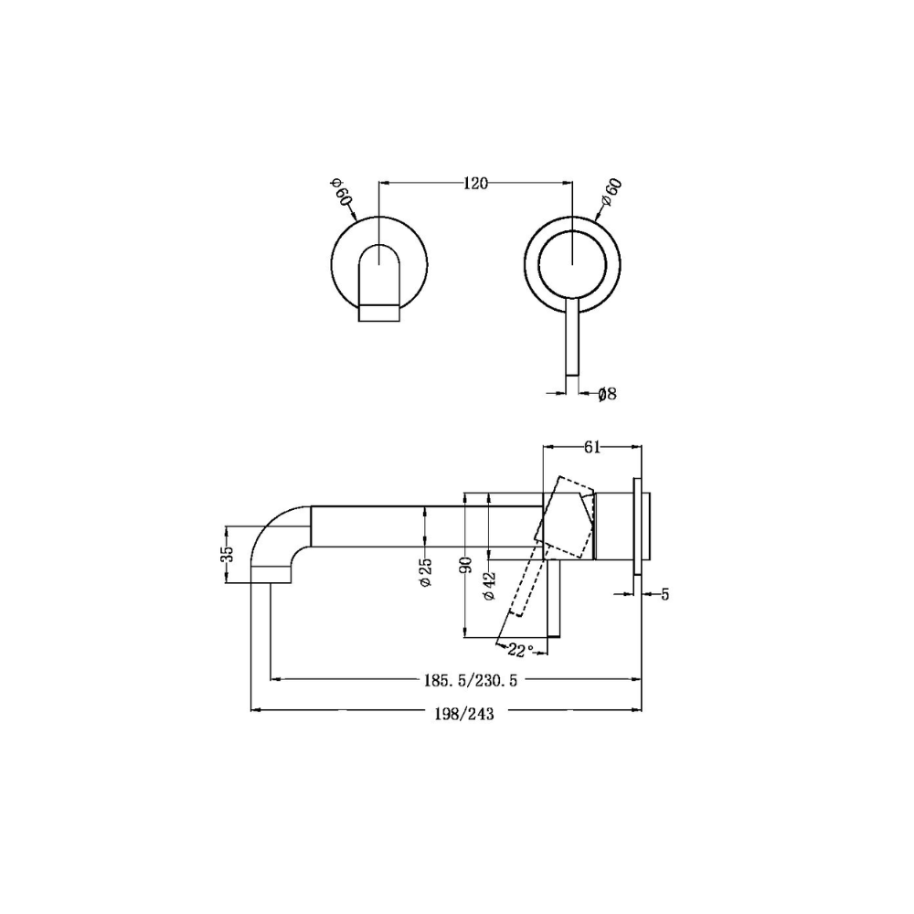 Zen SS316L Wall Basin/Bath Mixer Separate Back Plate 230mm Spout Trim Kits Only Brushed Gold - NR162210B230tBG