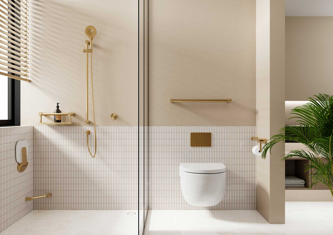Shower with Avail grab rail, slider rail and hand shower in brushed gold