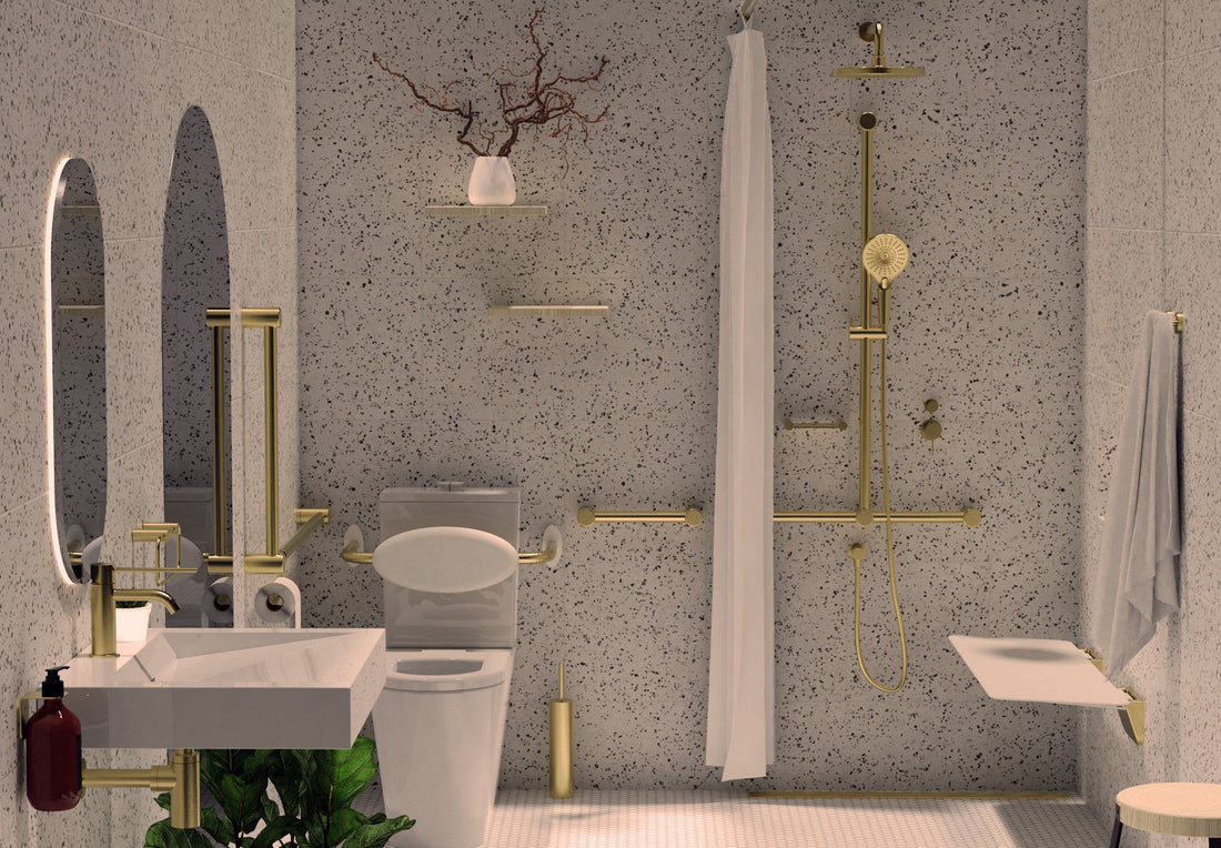 Accessible shower with Avail T-bar grab rail, shower slider and fold-down seat in brushed brass