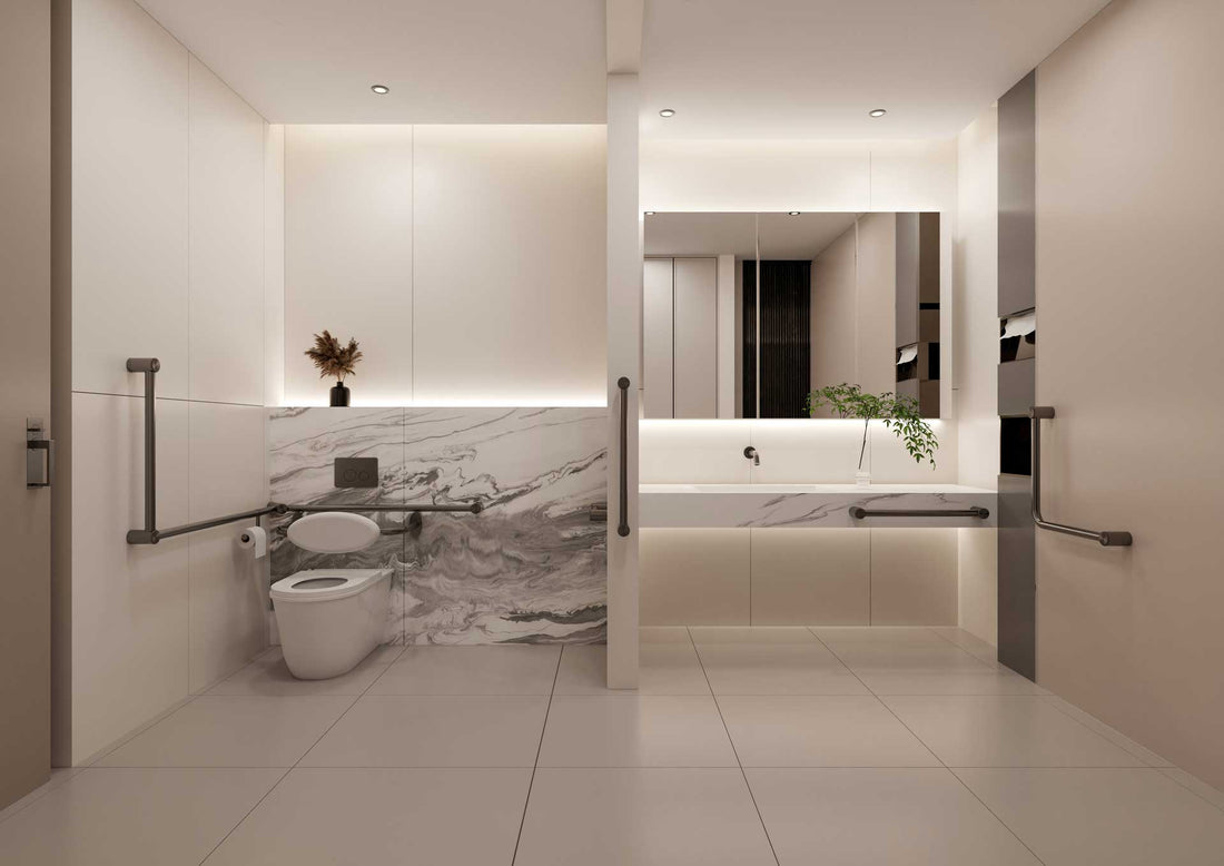 Accessible bathroom with Avail grab rails, shower rail and fold-down seat