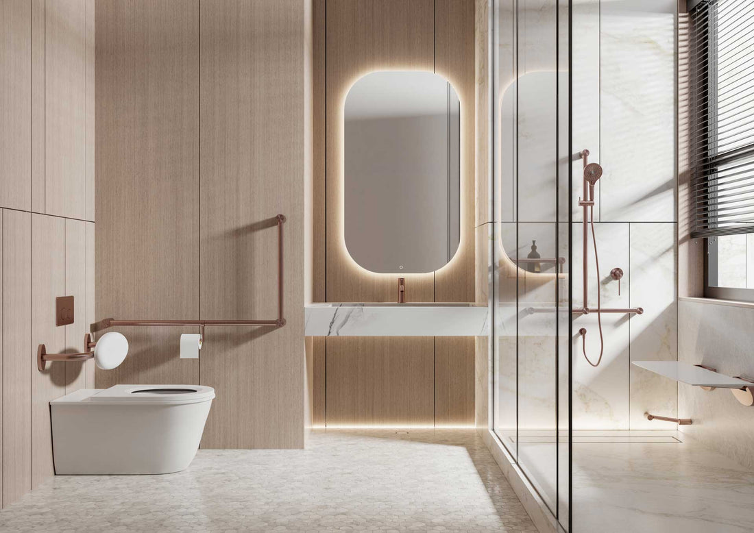 Accessible bathroom with Avail grab rails and combined shower rail
