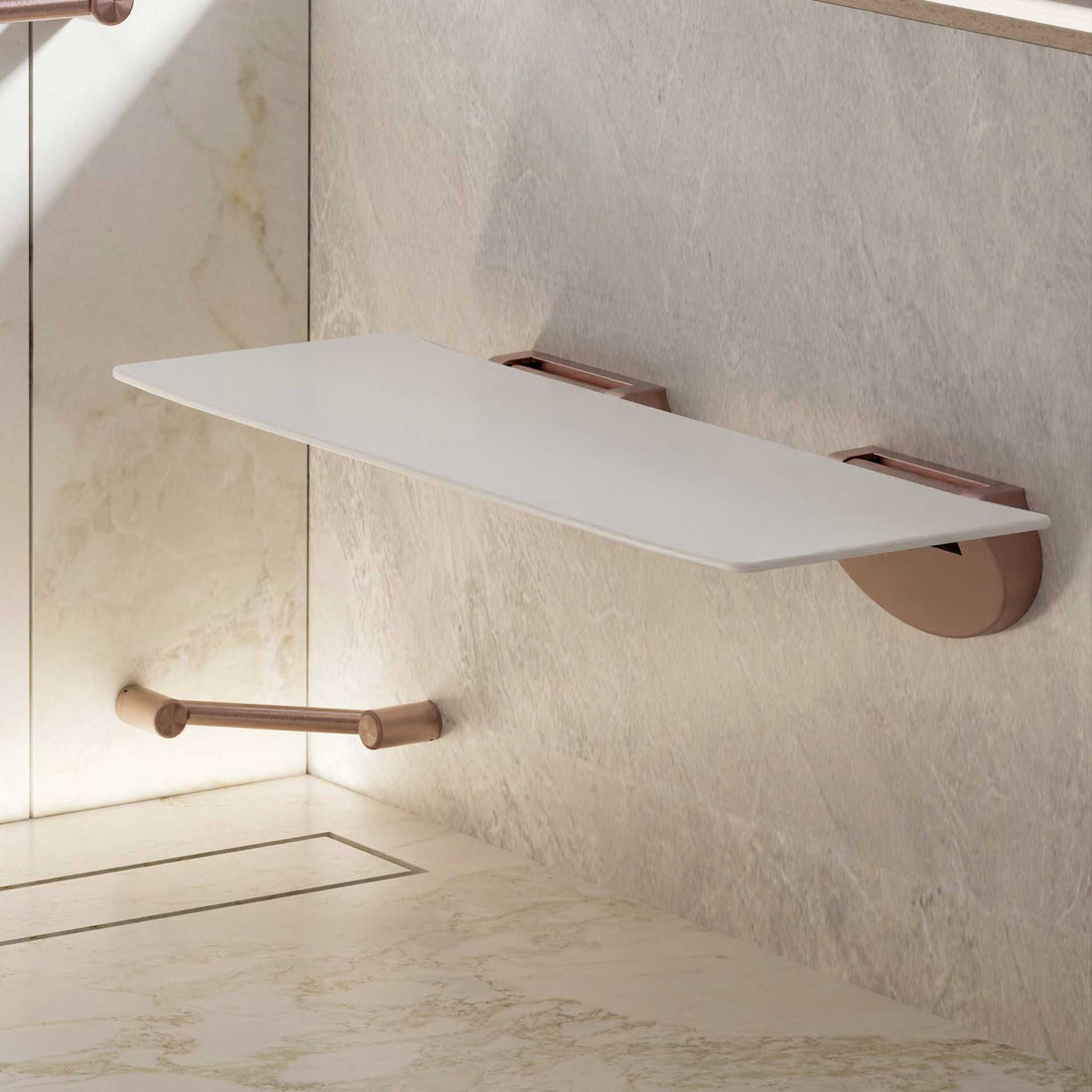 Avail fold-down shower seat with a wall grab rail