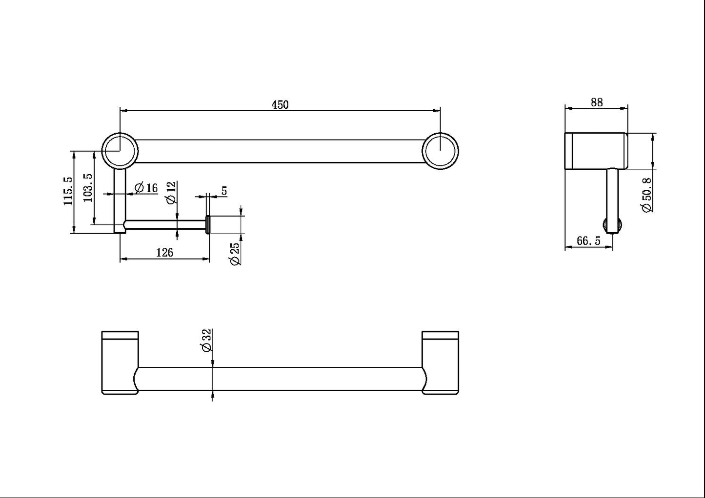 CALIBRE MECCA 32MM GRAB RAIL WITH TOILET ROLL HOLDER 450MM BRUSHED BRONZE