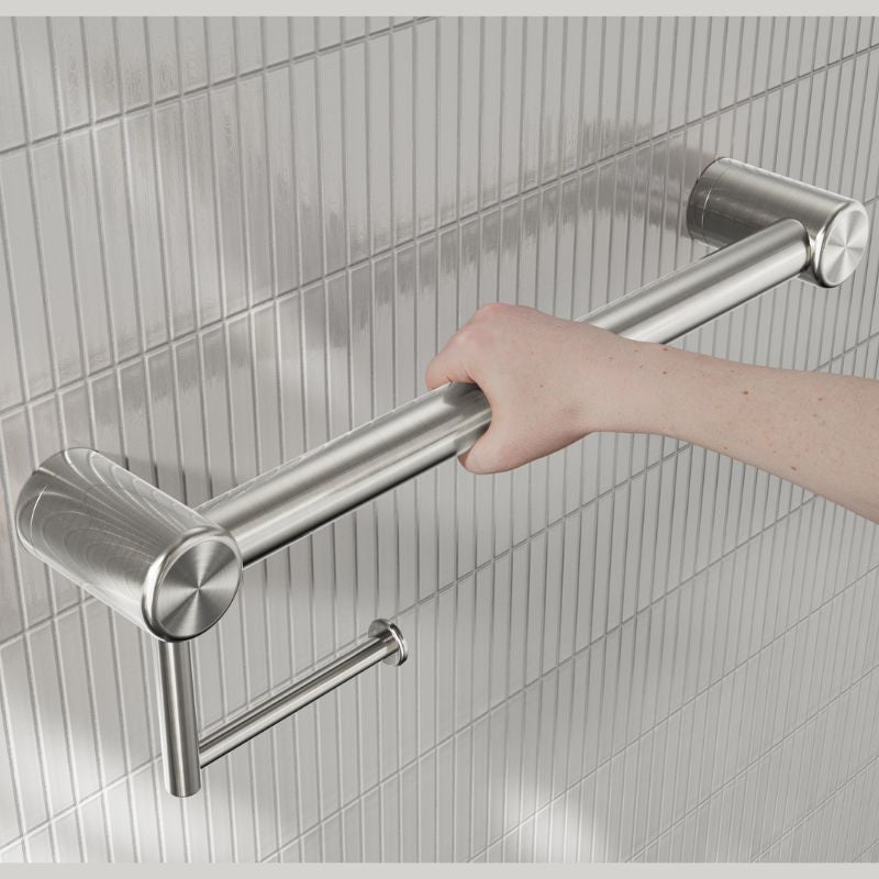 Calibre Mecca 32mm Grab Rail With Toilet Roll Holder 450mm Brushed Nickel - NRCR3218ABN