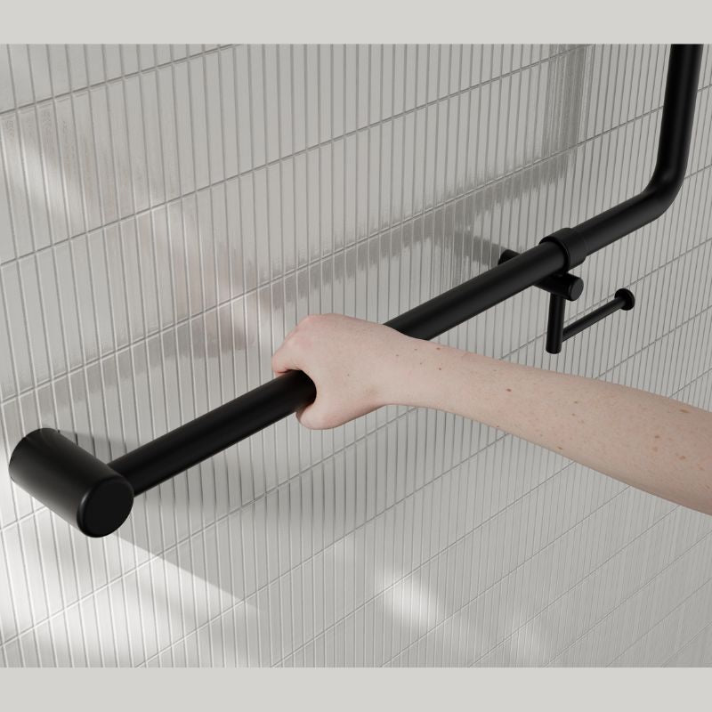 Calibre Mecca 32mm NZ4121 Accessible 90 Degree Grab Rail 750x750mm With Toilet Roll Holder Matte Black - NRCR3290bhMB