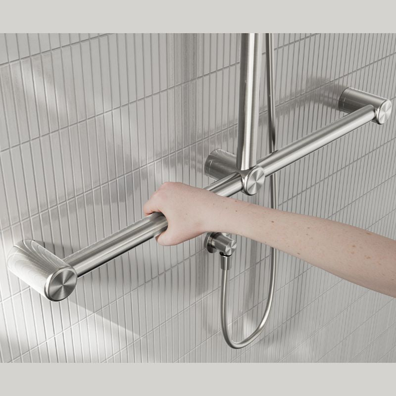Calibre Mecca 32mm T Bar Grab Rail And Adjustable Shower Set 1100x750mm Brushed Nickel - NRCS006BN
