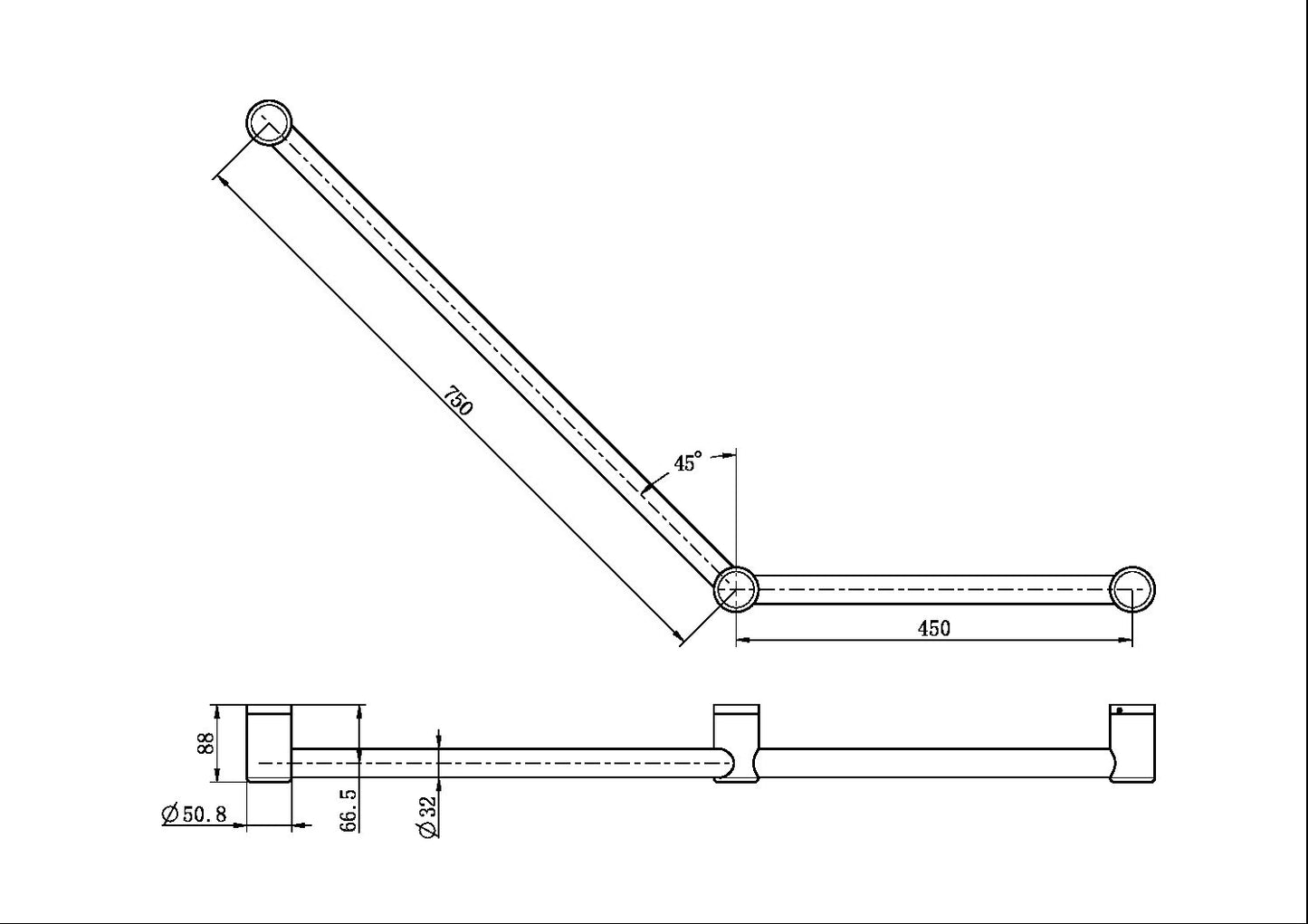 Calibre Mecca 32mm Toilet Grab Rail 45 Degree 750x450mm Brushed Bronze - NRCR3245ABZ