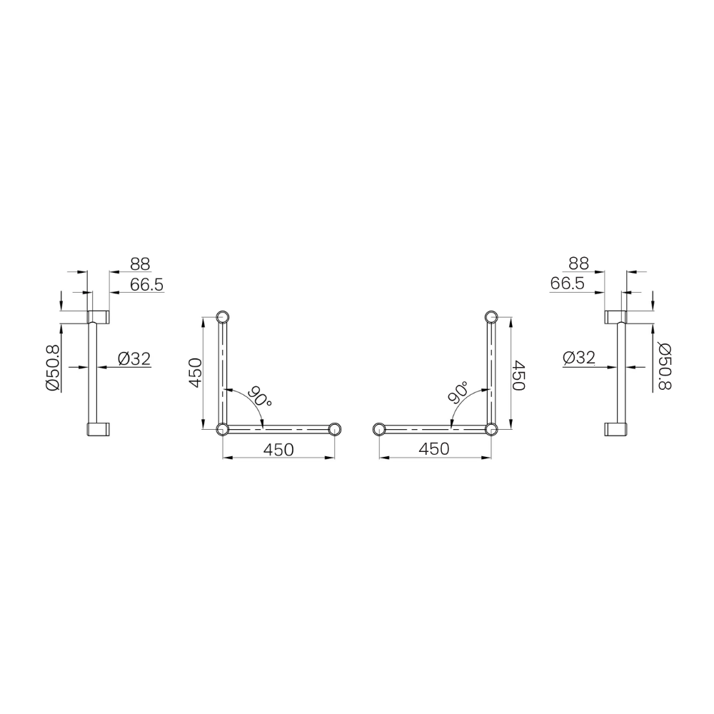 Calibre Mecca 32mm AS1428.1 Ambulant Toilet Cubicle Grab Rail Pair 90 Degree 450X450 Chrome - RPNRCR3290aCH