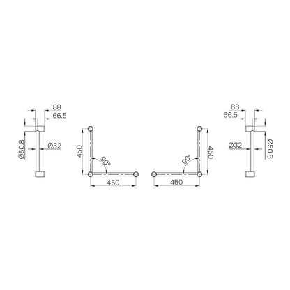 Calibre Mecca 32mm AS1428.1 Ambulant Toilet Cubicle Grab Rail Pair 90 Degree 450X450 Chrome - RPNRCR3290aCH