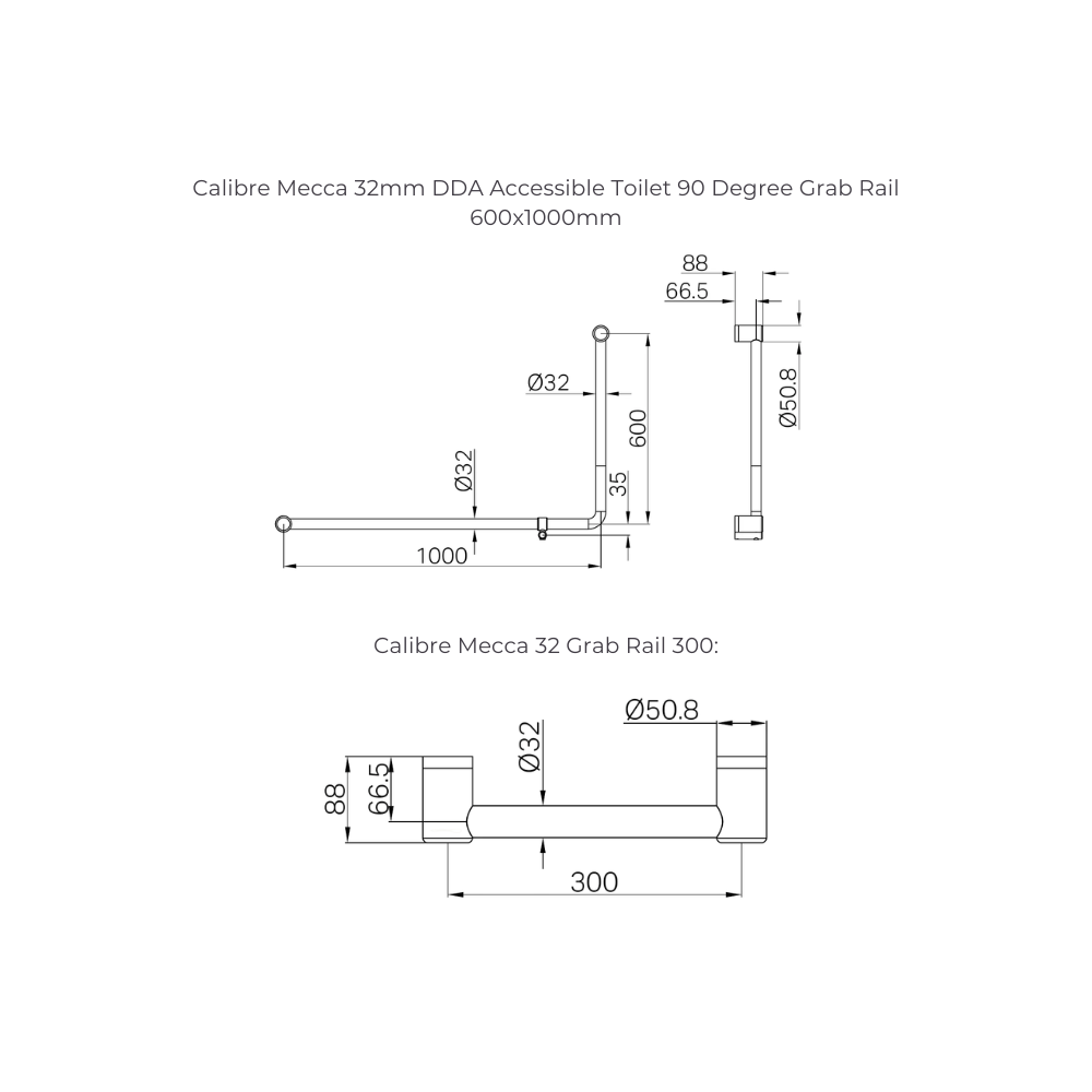 Calibre Mecca 32mm DDA Accessible Toilet 90 Degree Grab Rail 600x1000mm and 300mm Grab Rail Brushed Gold - R01AD90eBG