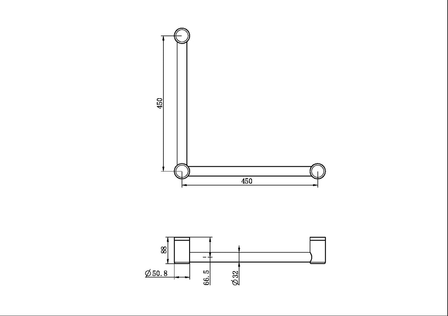 Calibre Terra 32mm AS1428.1 Ambulant Toilet Grab Rail 90 Degree 450mm Each Direction Organic Brass Aged Medium Living (Made to Order) - R01A490AB