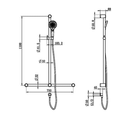 Calibre Terra 32mm DDA T-Bar Grab Rail 1100x750mm Adjustable Shower Set with Slider Organic Brushed Brass Living (Made to Order)- R01S117TBBL