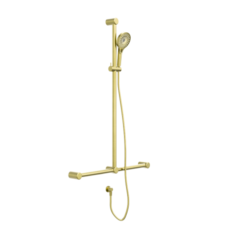 Calibre Terra 32mm DDA T-Bar Grab Rail 1100x750mm Adjustable Shower Set with Slider Organic Brushed Brass Living (Made to Order)- R01S117TBBL