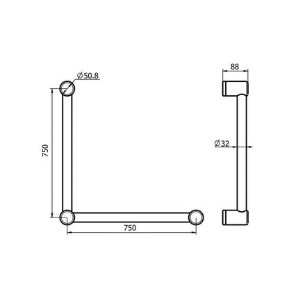 Calibre Mecca 32mm New Zealand Toilet Grab Rail 90 Degree 750x750mm Chrome - R01A7575C