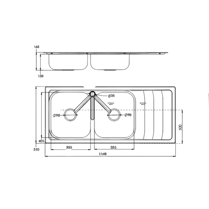 Care Kitchen Sink Double Bowl With Drainer Left Hand Bowl With Heat Shield Pad - BEN-TC113-1160LHB