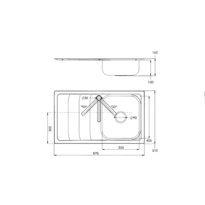 Care Kitchen Sink Single Bowl With Drainer - Right Hand Bowl With Heat Shield Pad - BEN-TC613-860RHB