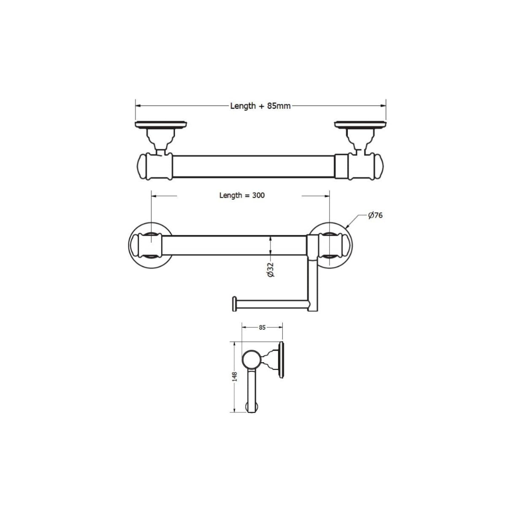 Glance York 32mm Grab Rail with Toilet Roll Holder 300 Chrome - R03H30C