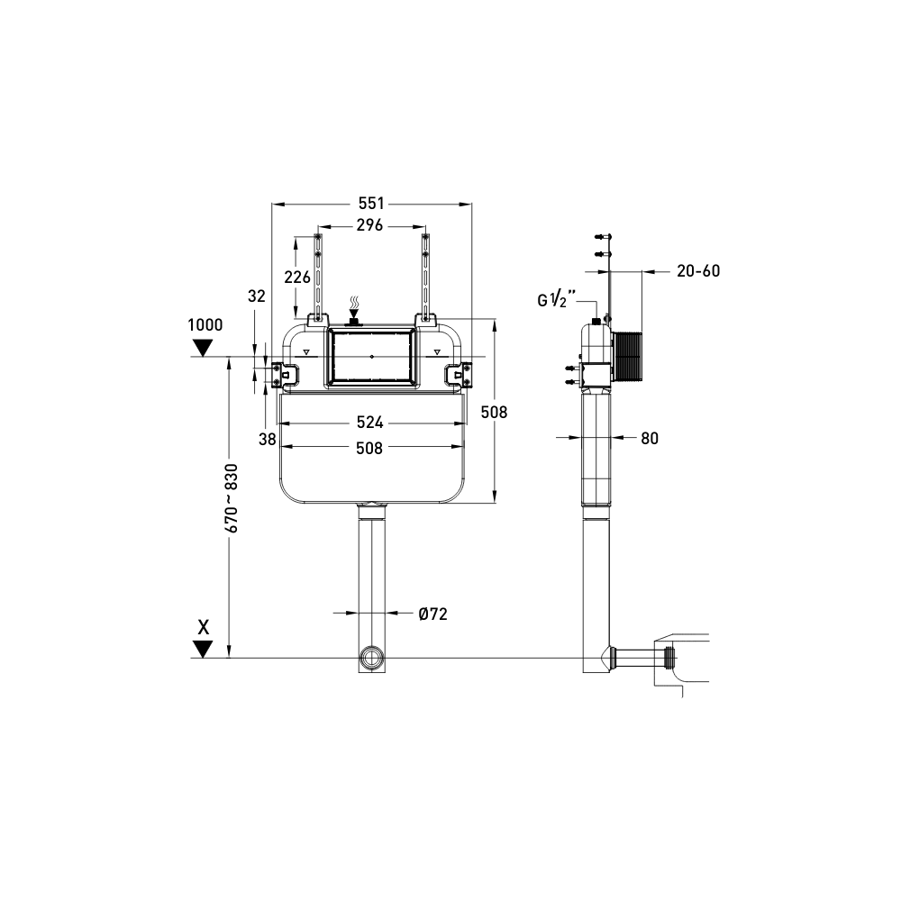 In Wall Pneumatic Toilet Cistern For PJ-GRB001-SS Panel - PJ-G30035 II