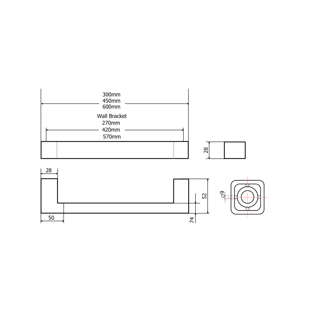 Lea Square Shape Grab Rail 300mm Matte Black - A1895ANE