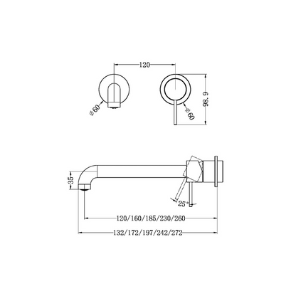 Mecca Wall Basin/Bath Mixer Separate Back Plate 185mm Chrome - NR221910C185CH