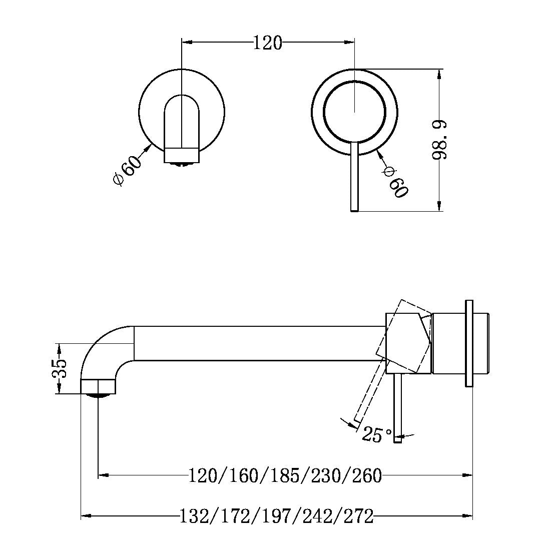Mecca Wall Basin/Bath Mixer Separate Back Plate 185mm Gun Metal - NR221910C185GM