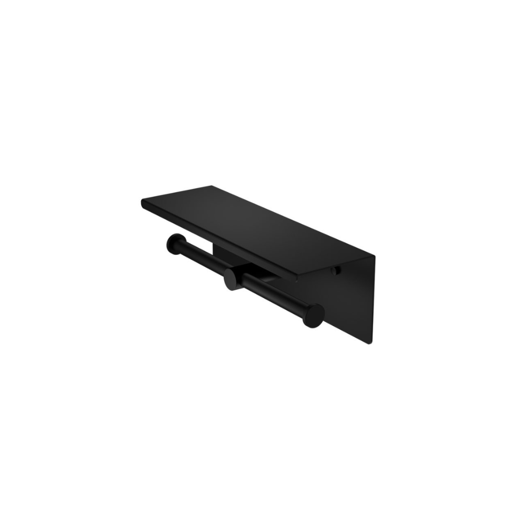 Mecca Double Toilet Roll Holder With Shelf Matte Black - NR1986EMB
