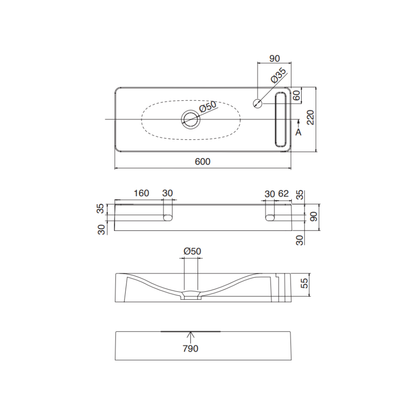 Narrow Wall Hung Basin 600mm Wide x 220mm With Hand Towel Holder - SCA1511