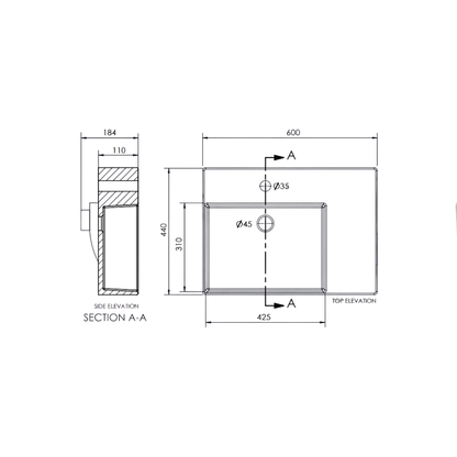 Reno Ceramic Care Shelf Basin Suits SDA 600 x 440 x 110mm Left Hand Bowl Gloss White - BEN-RENO-LHB