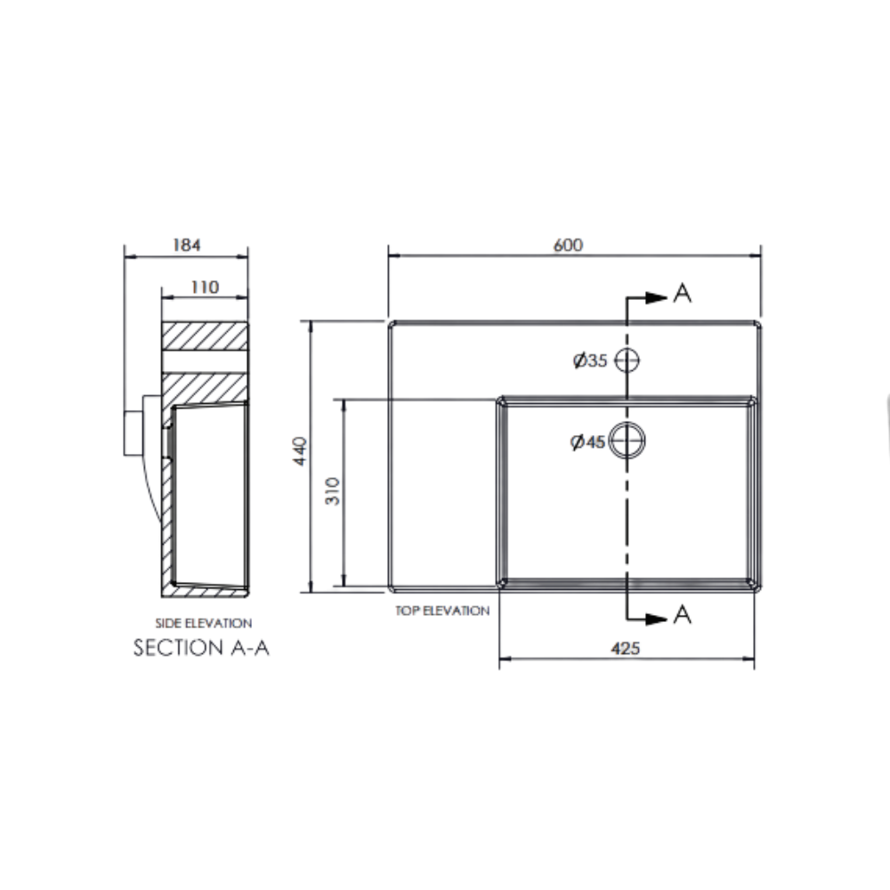 Reno Ceramic Care Shelf Basin Suits SDA 600 x 440 x 110mm Right Hand Bowl Gloss White - BEN-RENO-RHB