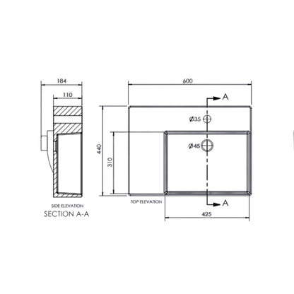 Reno Ceramic Care Shelf Basin Suits SDA 600 x 440 x 110mm Right Hand Bowl Gloss White - BEN-RENO-RHB