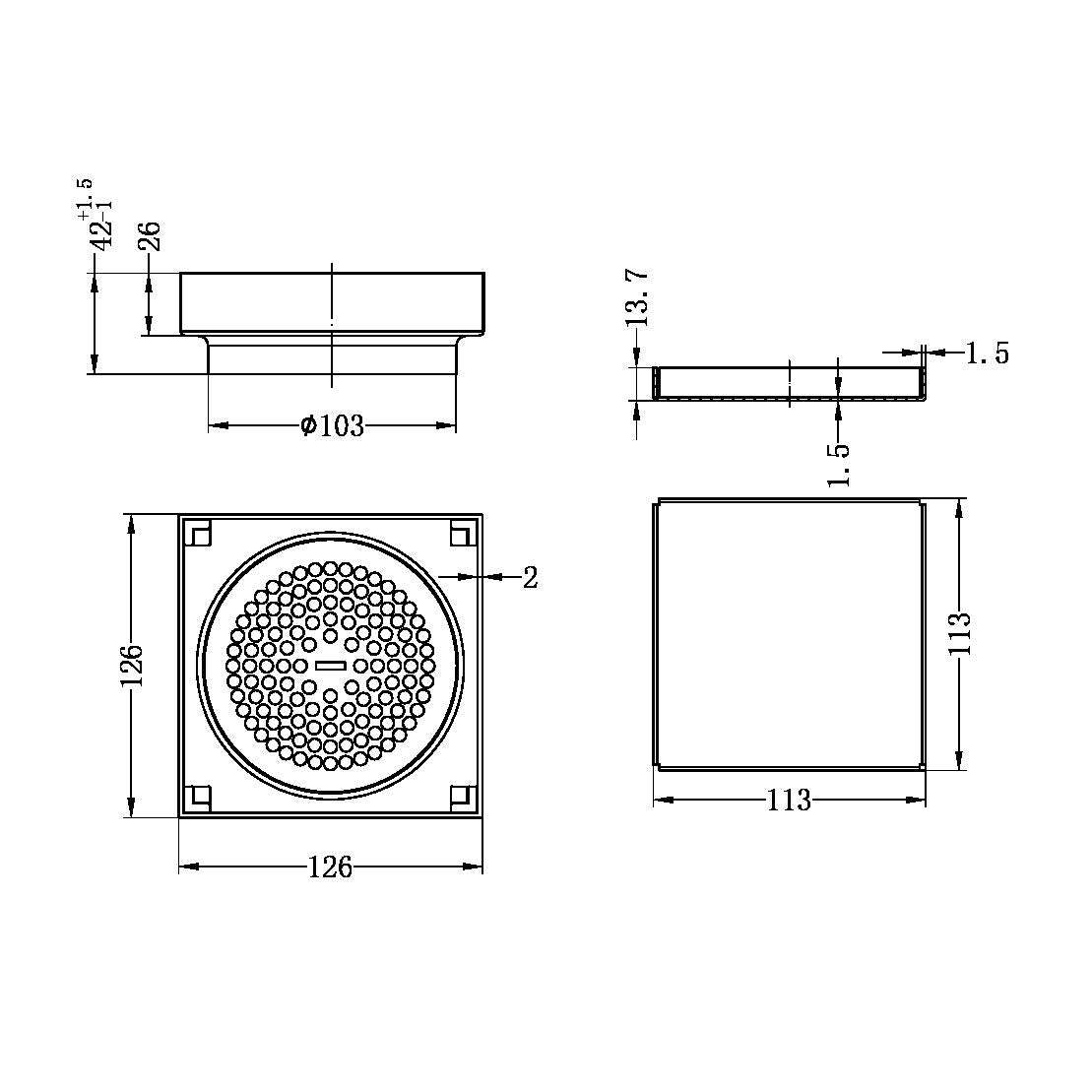 Square 130mm Tile Insert Floor Waste 100mm Outlet Gun Metal - NRFW008GM