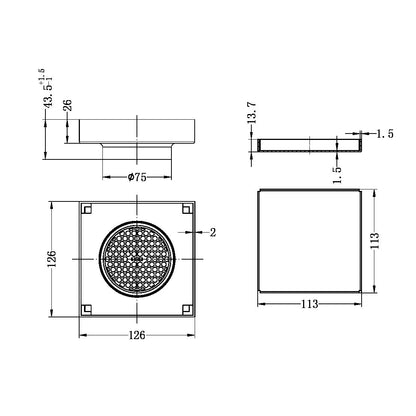 SQUARE 130MM TILE INSERT FLOOR WASTE 80MM OUTLET GUN METAL