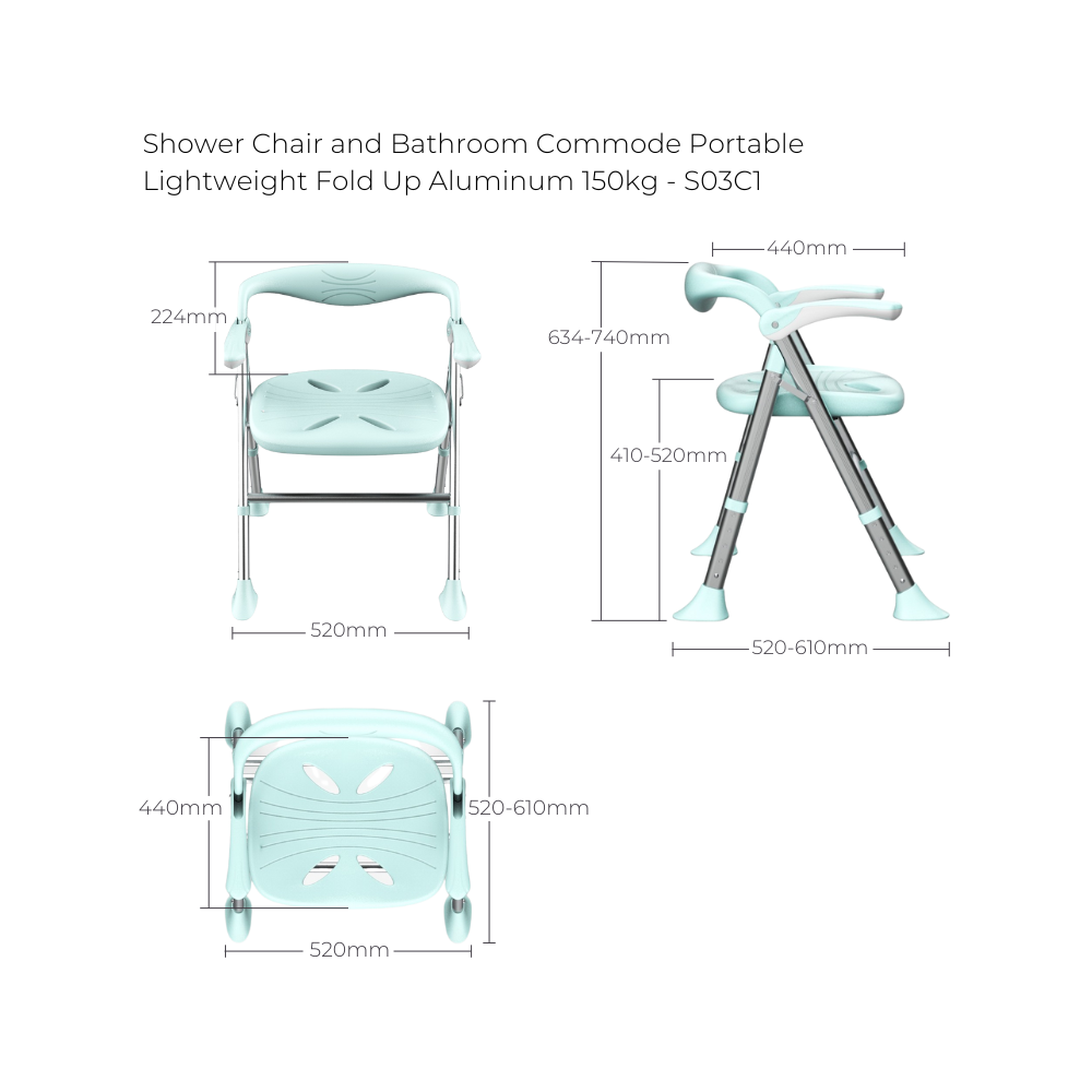 Shower Chair and Bathroom Commode Portable Lightweight Fold Up Aluminum 150kg - S03C3