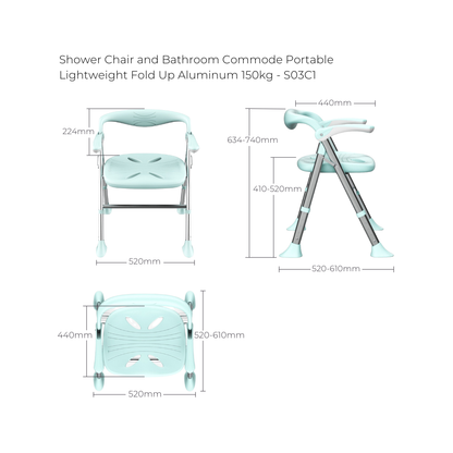 Shower Chair and Bathroom Commode Portable Lightweight Fold Up Aluminum 150kg - S03C3