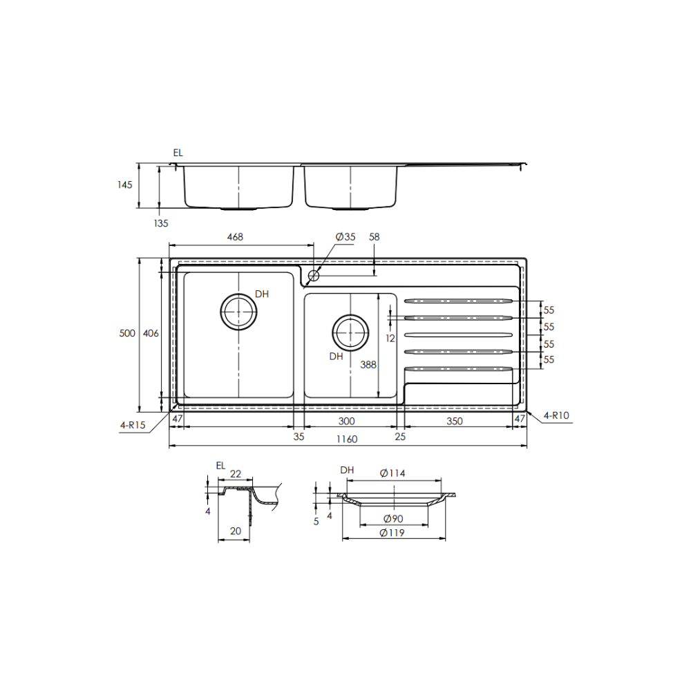 Sink Care Double With Drainer - Left Hand Bowl - LDB20-145LHB