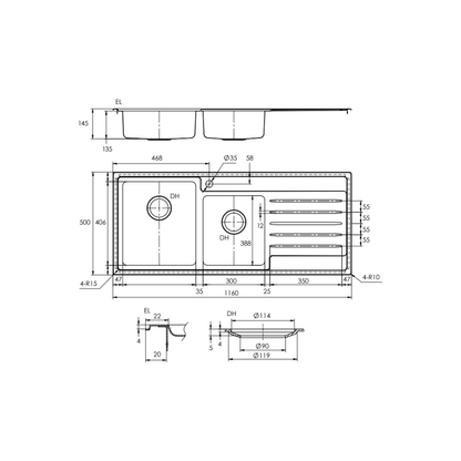 Sink Care Double With Drainer - Left Hand Bowl - LDB20-145LHB