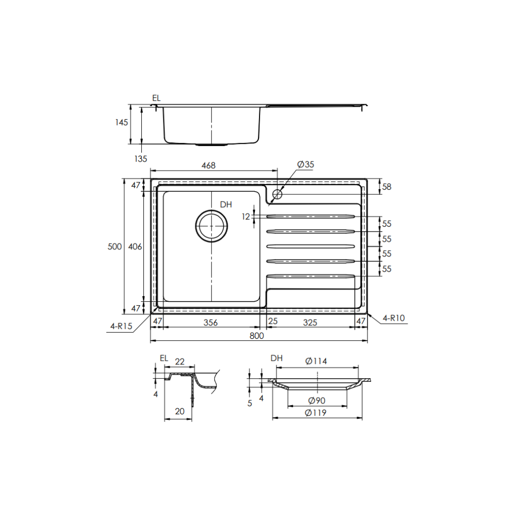 Sink & Drainer Care Single - Left Hand Bowl - LAB20-145-LHB