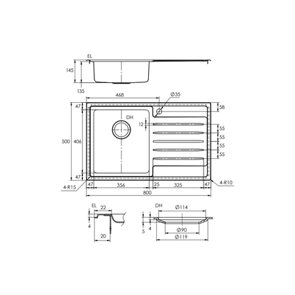 Sink & Drainer Care Single - Left Hand Bowl - LAB20-145-LHB