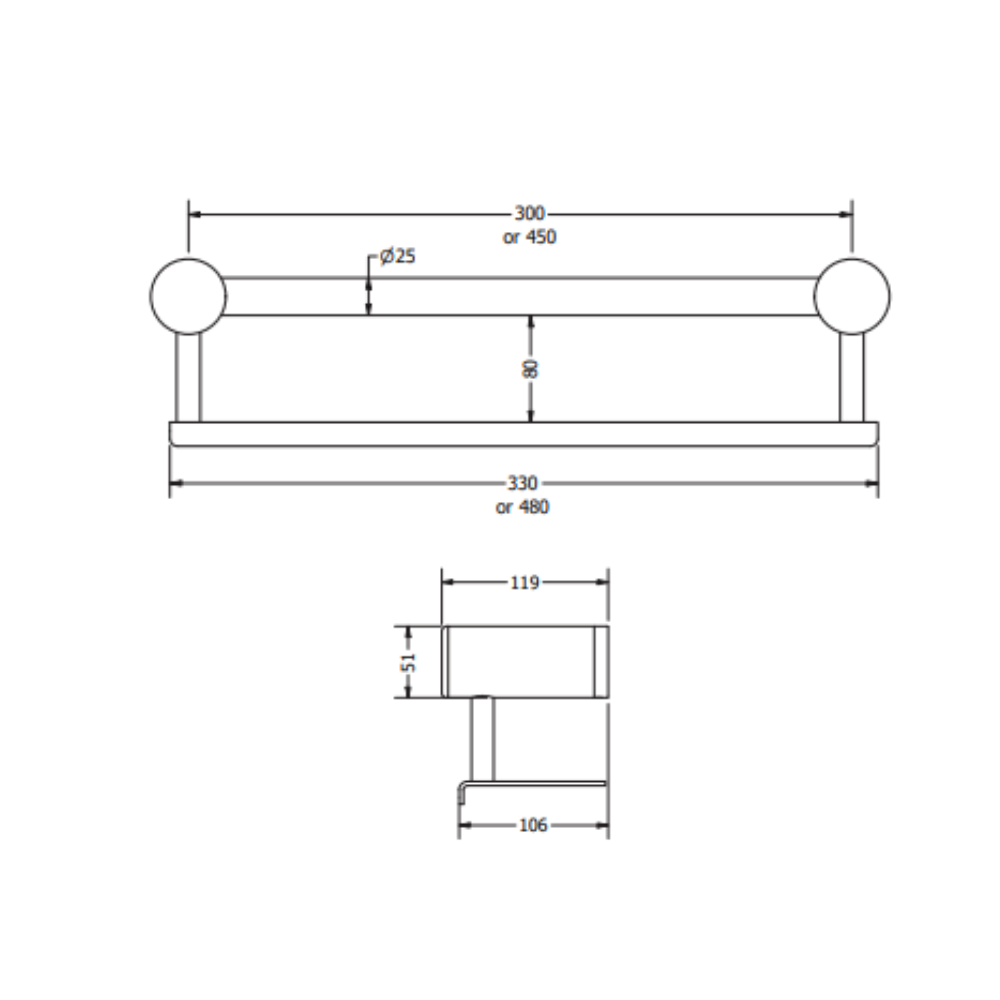 Stocktake Calibre Terra 25mm x 300 Grab Rail with Shelf Polished Stainless Chrome - RE1SH30C