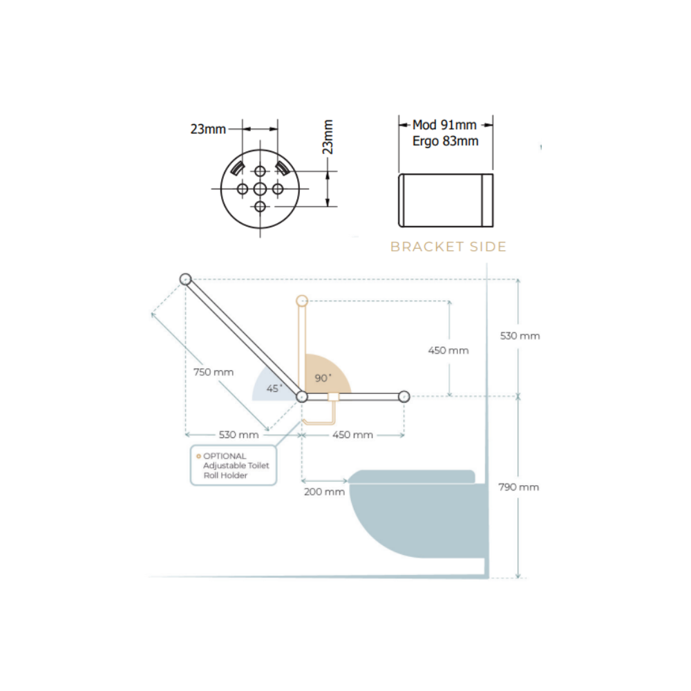 Stocktake Calibre Terra 32mm Ambulant Toilet Grab Rail 90 Degree 450mm Each Direction Brushed Nickel - R01A490BN